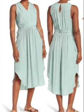 Tahari Mint Green Tiered Ruffle V-Neck Smocked Waist Sleeveless Midi Dress Sz L